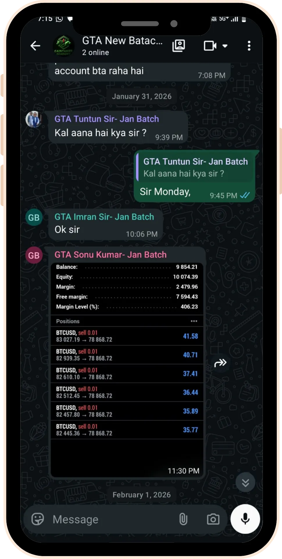 Stock market institute student testimonial screenshot with positive feedback
