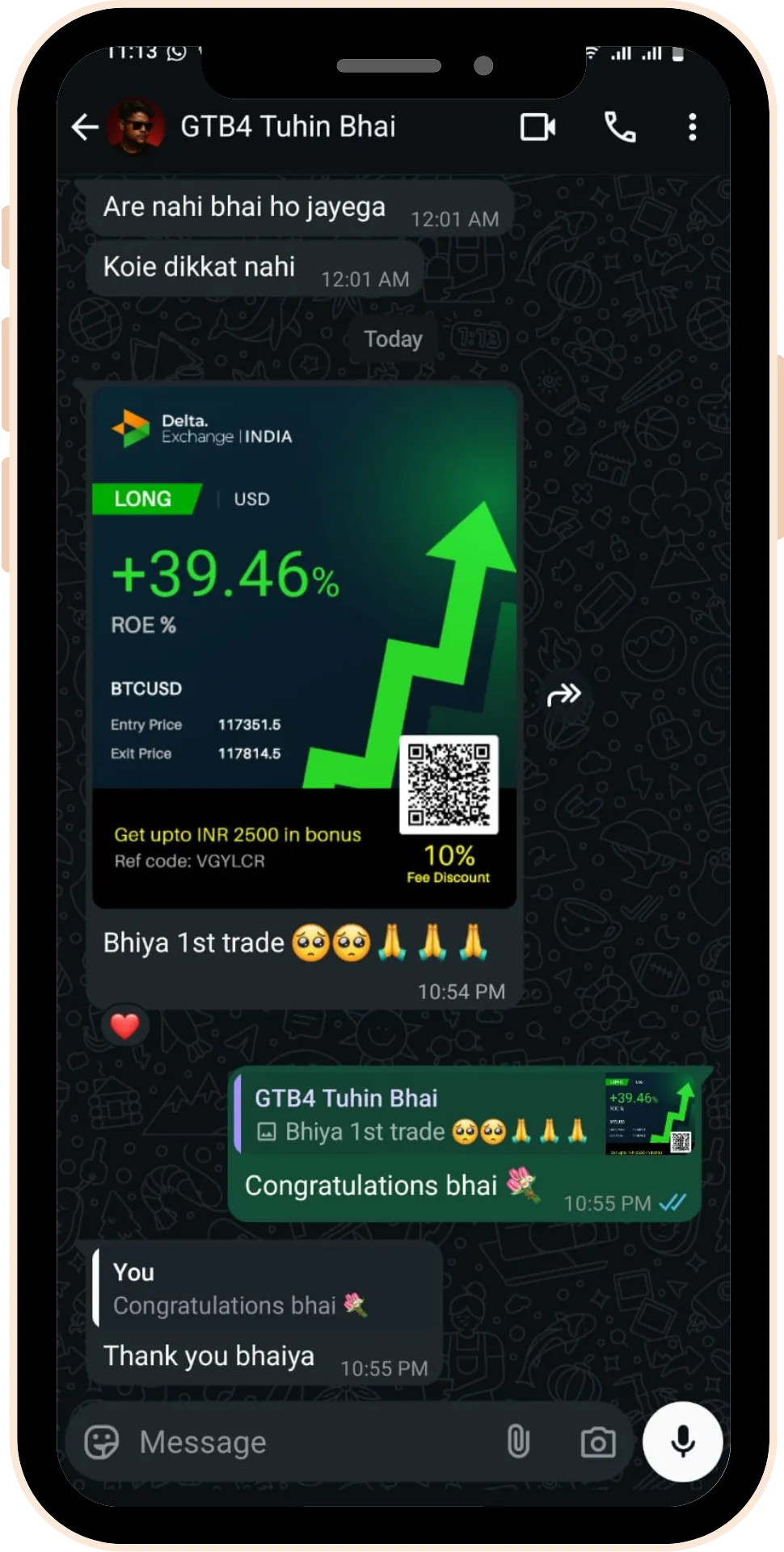 Stock trading course WhatsApp review screenshot from a learner