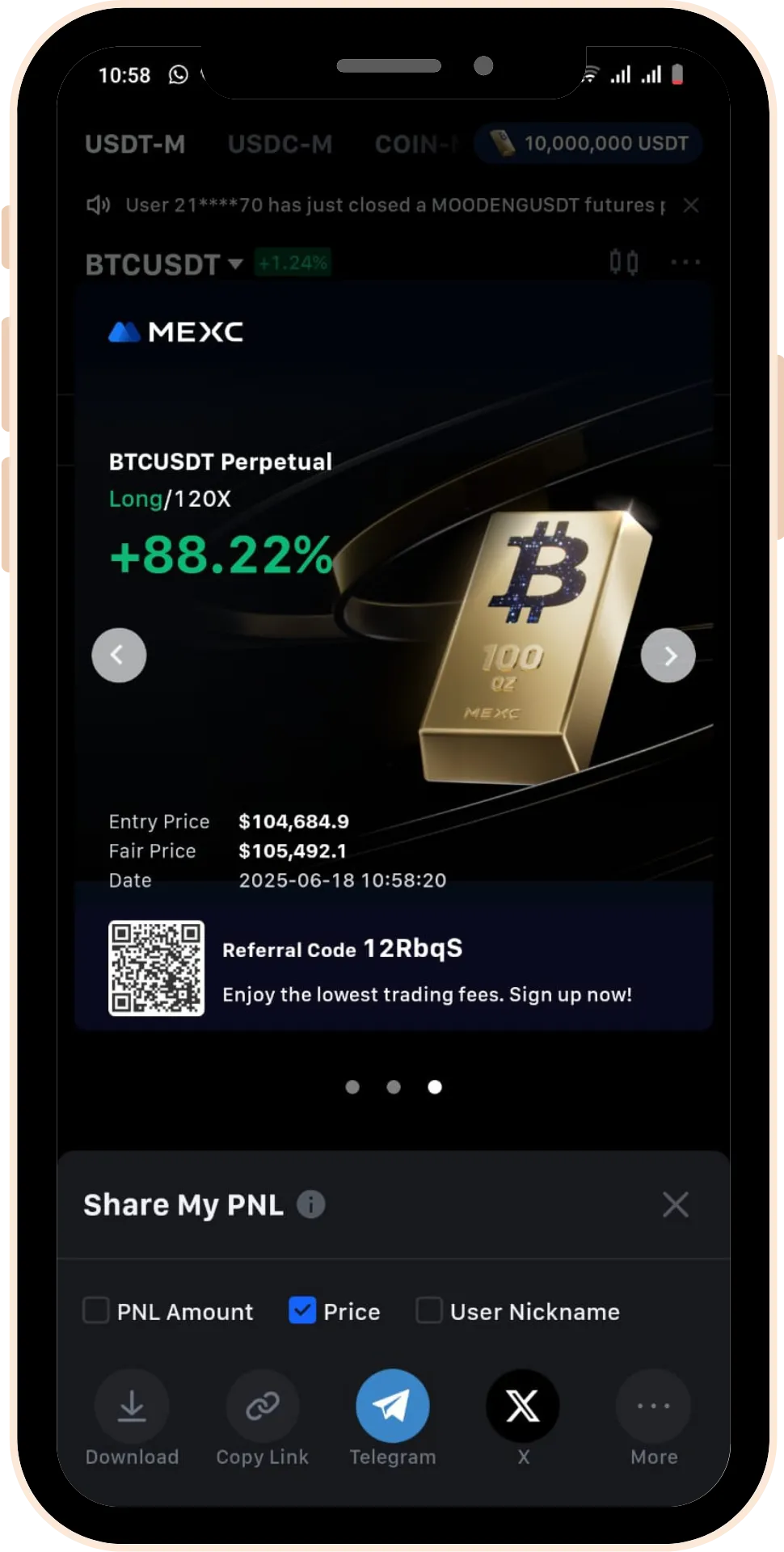 Student trading profit testimonial screenshot 1 from Gaintaker Academy stock market course