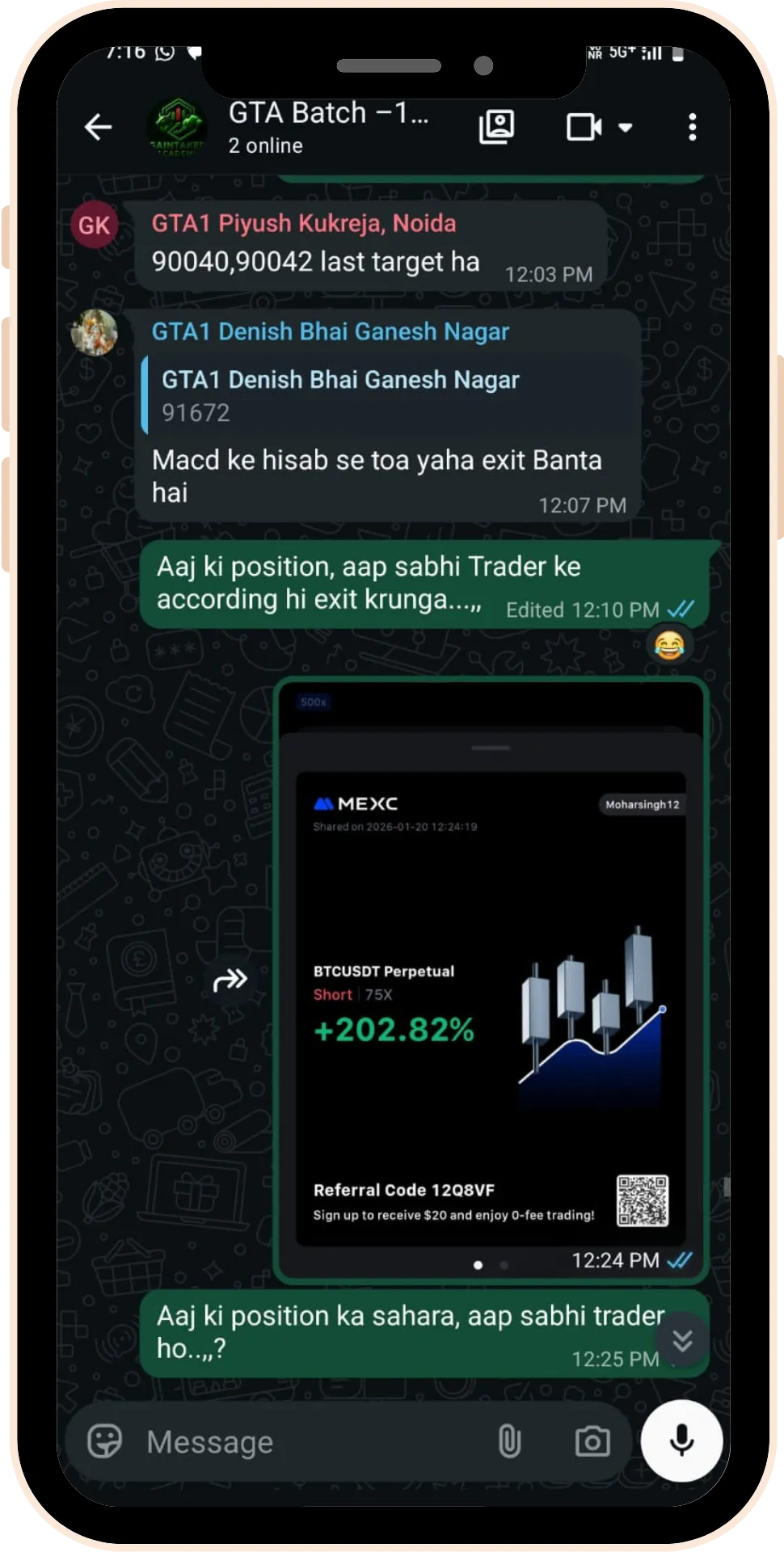Student trading profit testimonial screenshot 11 from Gaintaker Academy stock market course