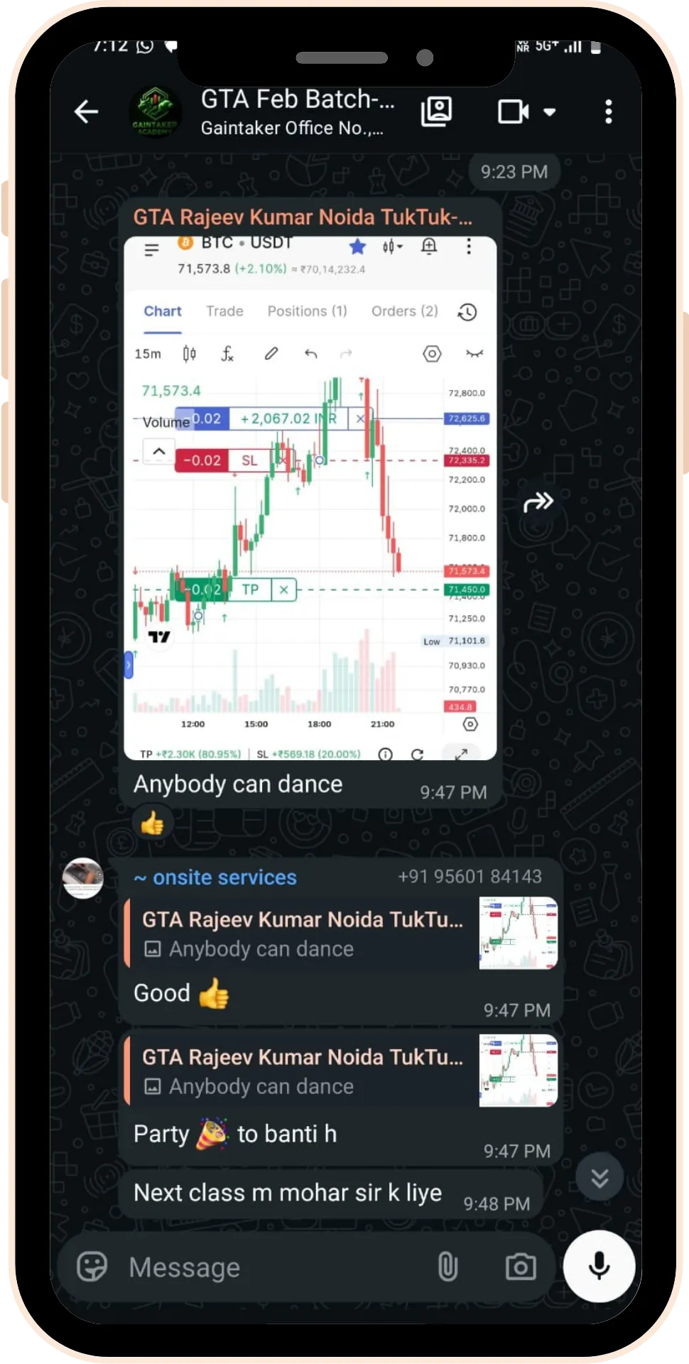 Student trading profit testimonial screenshot 14 from Gaintaker Academy stock market course