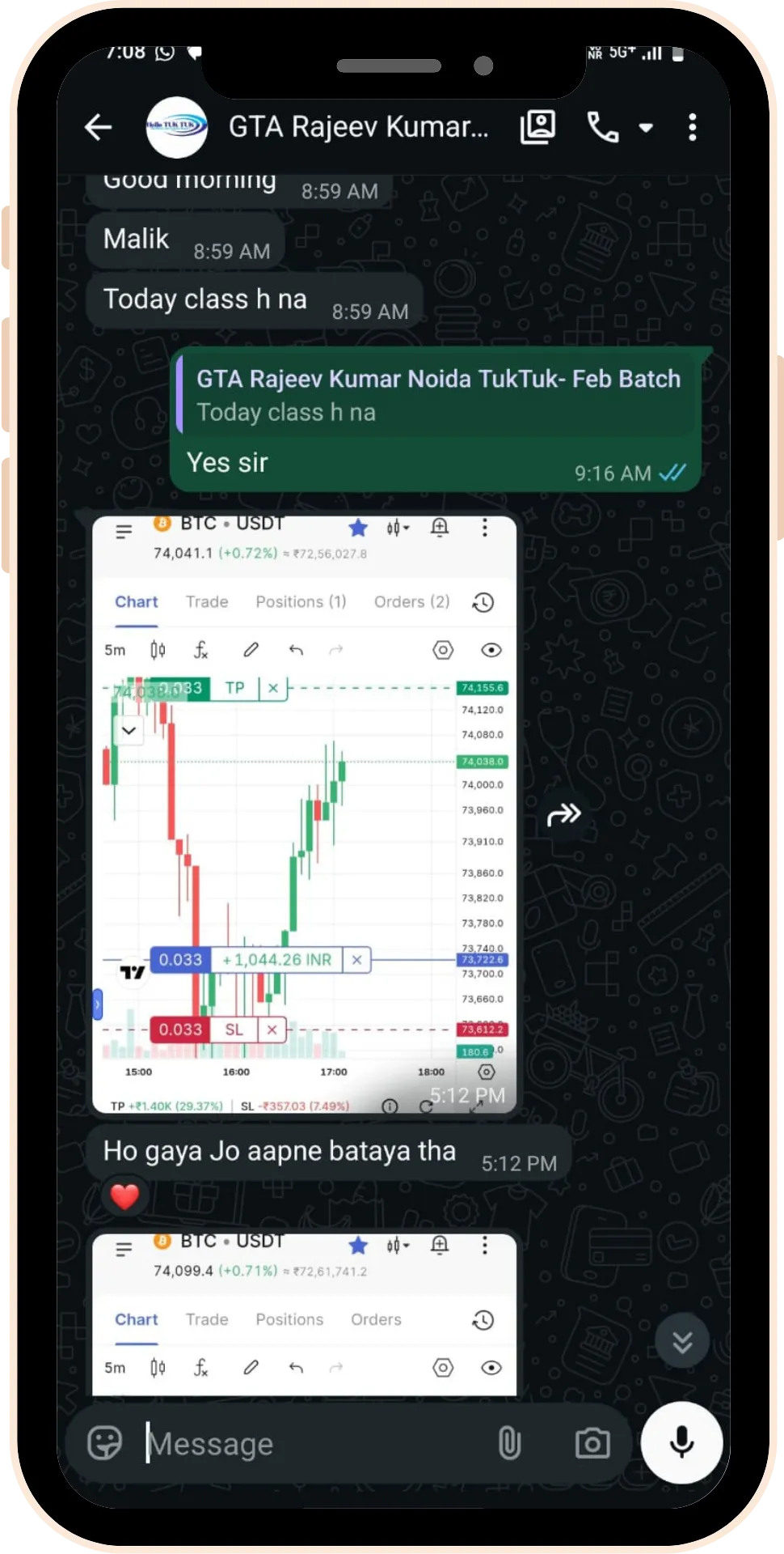 Student trading profit testimonial screenshot 15 from Gaintaker Academy stock market course