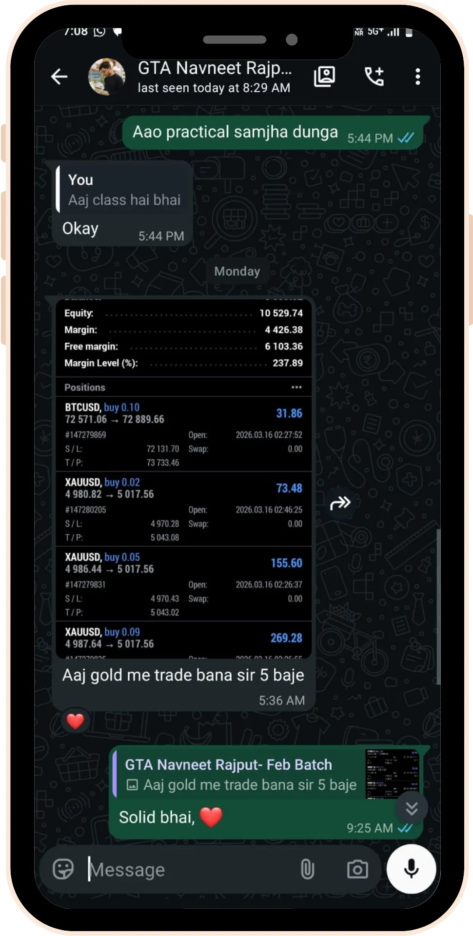 Student trading profit testimonial screenshot 16 from Gaintaker Academy stock market course
