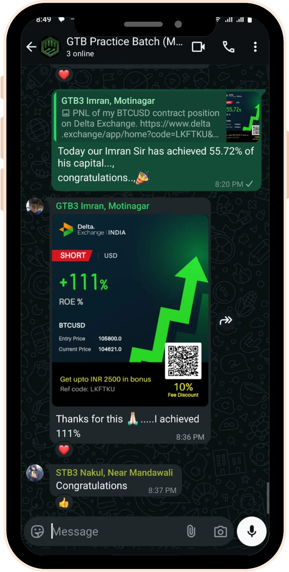 Student trading profit testimonial screenshot 4 from Gaintaker Academy stock market course