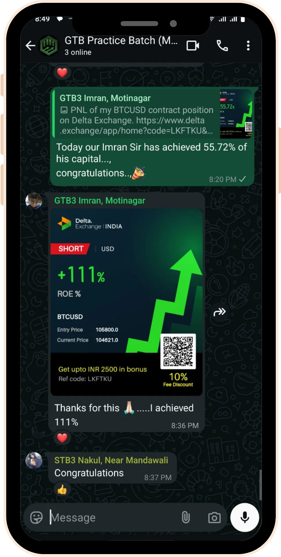 Student trading profit testimonial screenshot 5 from Gaintaker Academy stock market course