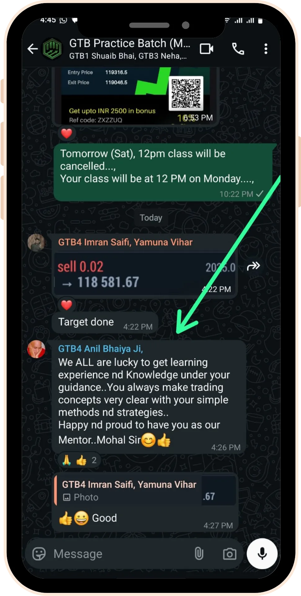 Student trading profit testimonial screenshot 9 from Gaintaker Academy stock market course